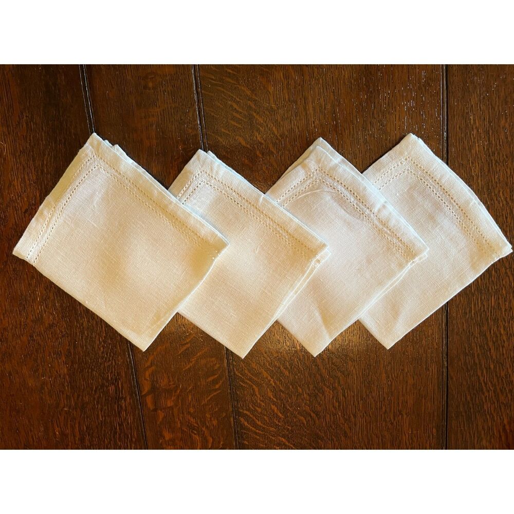 Williams Sonoma Linen Cocktail Napkins Set of 4 Double Hemstitch Hungary 12"